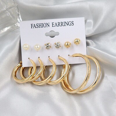 Big Circle Earring Set with Water Drill Pearl 6Piece Exagger