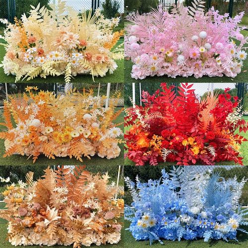 新款婚庆花排红色香槟色蓝色地排花婚礼舞台装饰花艺摆件路引花