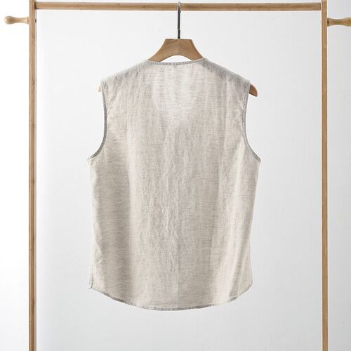 2025 Linen Mens Vintage Buckle Round Neck Vest Casual Chine