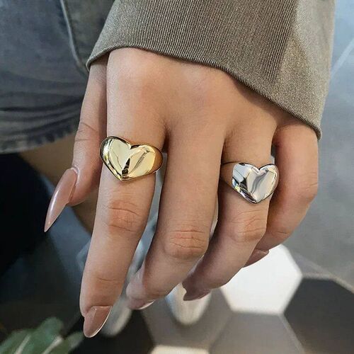 Stainless Steel Simple Smooth Metal Heart Rings For Women