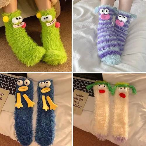 1-2Pairs Cartoon Monster Socks Coral Velvet Winter Warm Wome