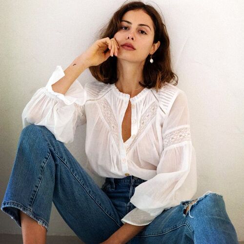 Boho Inspired Semi sheer white blouse for women Frilled neck
