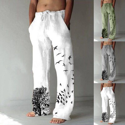 Summer New Vintage Mens Cotton Linen  Oversized Jogger Trou