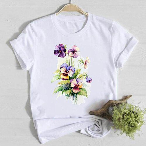 Flower Spring O-neck Tee Top Shirt Lady Clothes Fashion Tshi