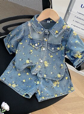 Summer Kids Fashion Printed Denim Shorts Tee Set 77129 for T