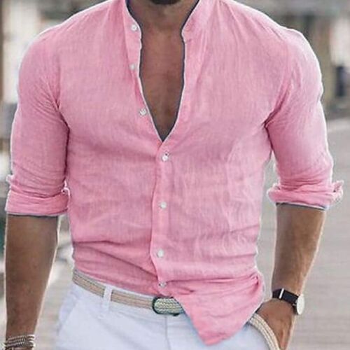 2023 Mens Casual Cotton Linen Shirt Mock Neck Solid Long Sl