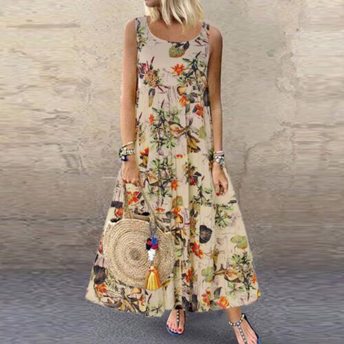 Women Floral Print Dresses Summer Vintage O Neck Loose Beach