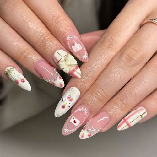 24PCS Wine Red Almond Press on Nails Cartoon Rabbit Bowknot