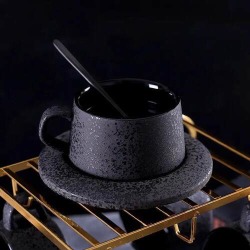 Black Matte Coffee Cup  Set Ceramic Cups with Spoon & Holder