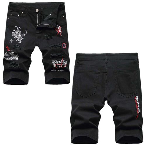 Light Ripped Embroidered Denim Shorts Mens Slim-Fit Stetch