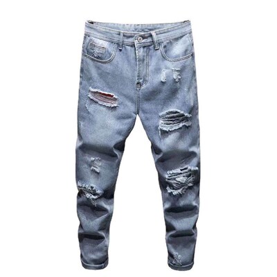 Light Color New Stetch Beggars Ripped Jeans Mens Slim-fit