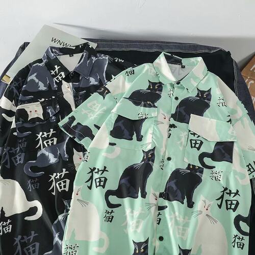 Summer high quality Mens Hawaiian Shirt 3D animal black cat