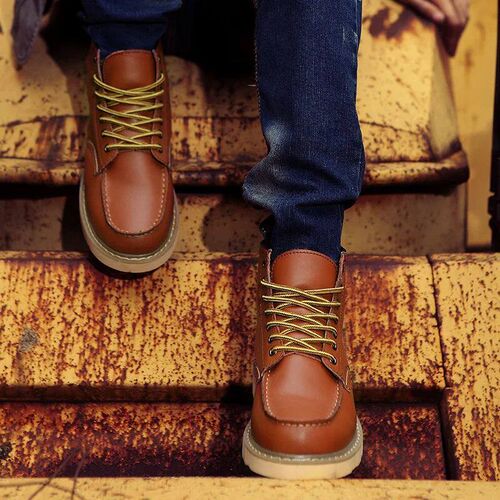 Autumn Winter Retro Mens Work Boots Brown Platform Warm Fur