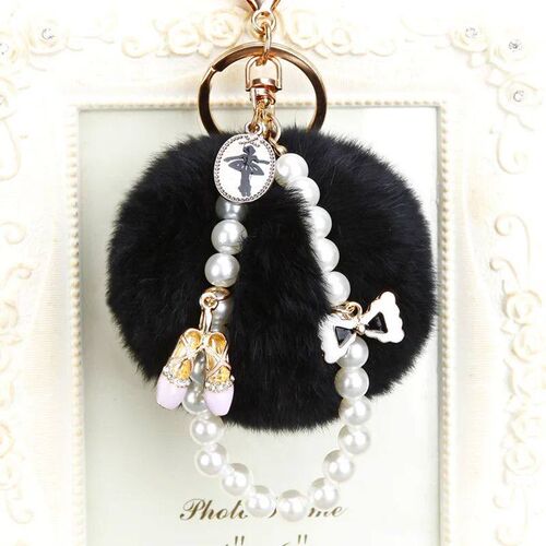 Fashion Faux Fluffy Crystal Bottle Bow Pompom Keychain Pearl
