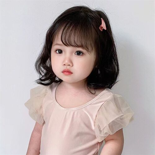 Short Curly Wig for Girls with Air Bangs Cute Kids Daily Ful