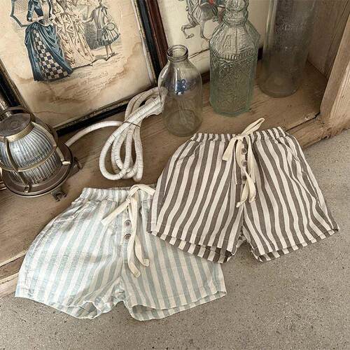 Vintage Linen Cotton Baby Boys Stripe Shorts Casual Buttons