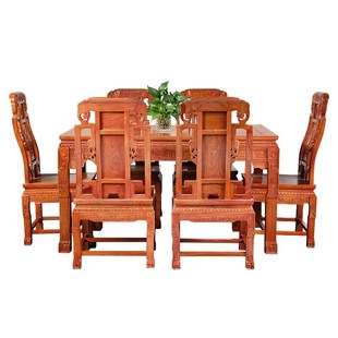 红木家具餐桌刺猬紫檀木长方形吃饭桌椅一桌六椅中式雕花榫卯