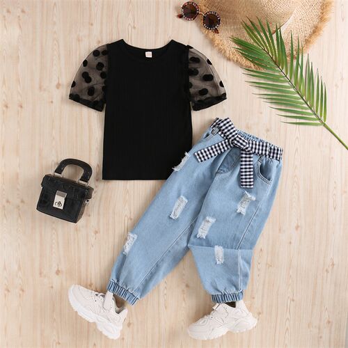 Summer 2025 Girls 3Piece Set Cotton Striped Dot Mesh Tshirt