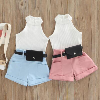 Little Girl Three-Piece Outfits Solid Color Sleeveless Ribbe