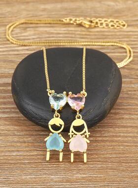 AIBEF Heart Rhinestone Girl&Boy Women Pendant Mother Necklac