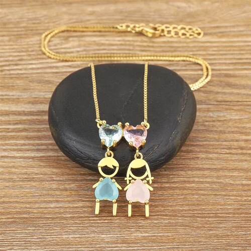 AIBEF Heart Rhinestone Girl&Boy Women Pendant Mother Necklac