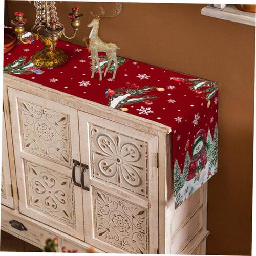 Christmas Decoration Snowman Robin Berry Linen Table Runner