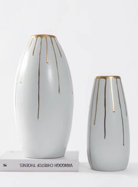 新式陶瓷中厅花瓶卧室客IDS饰桌面鎏金白色花器样板房家居品摆件