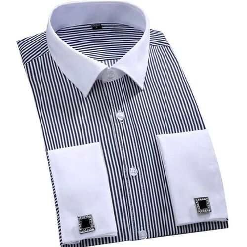 Mens Classic French Cuffs Striped Dress Shirt Single Patch
