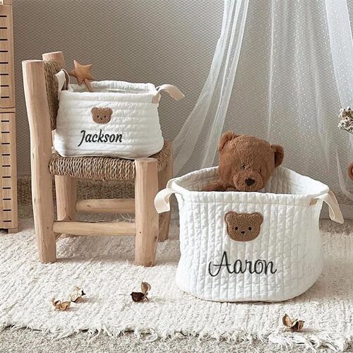 Embroidered Name Cute Bear Storage Basket Baby Toys Storage