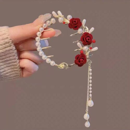New Pearl Red Rose Tassel tail Buckle Hair Clip Fashion Ladi