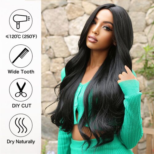 ALAN EATON Black Long Body Wavy Synthetic Wigs for Women Afr