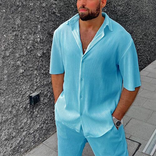 Mens Casual Loose Beach Suit Solid lor Striped Short Sleeve