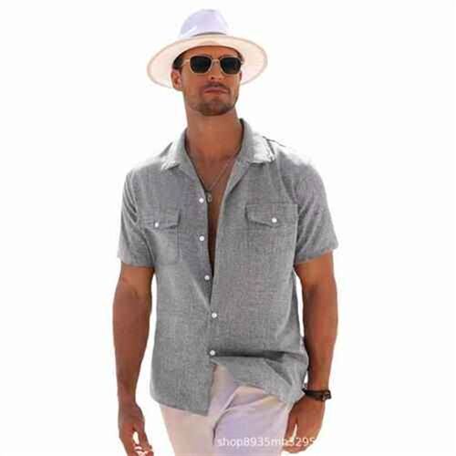 Mens Linen Shirt Youth Solid Color Cotton and Short Sleeve