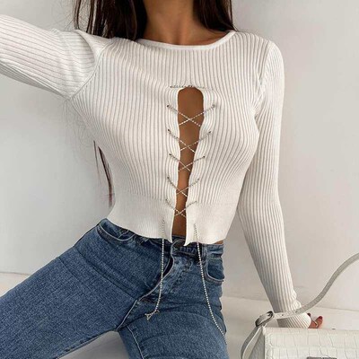 Threaded Lace-up All-match Round Neck Navel Short Top Pure D