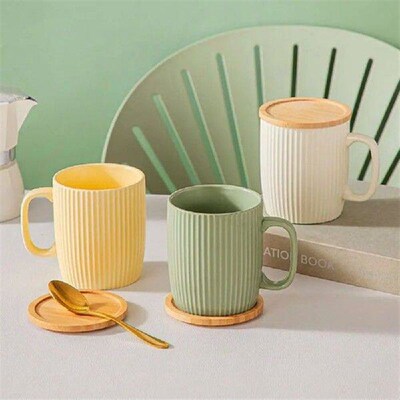 Beautiful 400ml Ceramic Mug with Wood Lid Simplicity Coffee