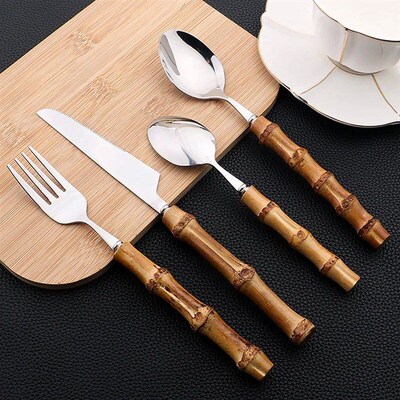 24Pcs Bamboo Tableware Sets Stainless Steel Bamboo Cutlery S