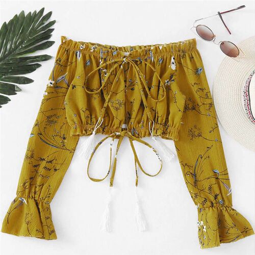 Women Off Shoulder Crop ops Women Summer Floral Print Flare