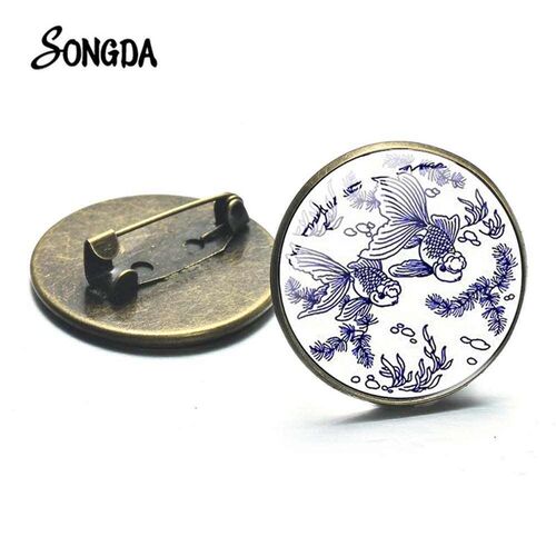 Lovely Fish Photo Ptinted Bronze Brooch Pin Chinese Style Bl