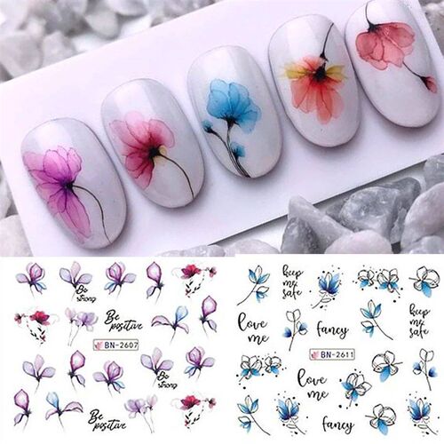 12 PCs Ink Flowers Nail Art er Summer Water Decal Blooming F