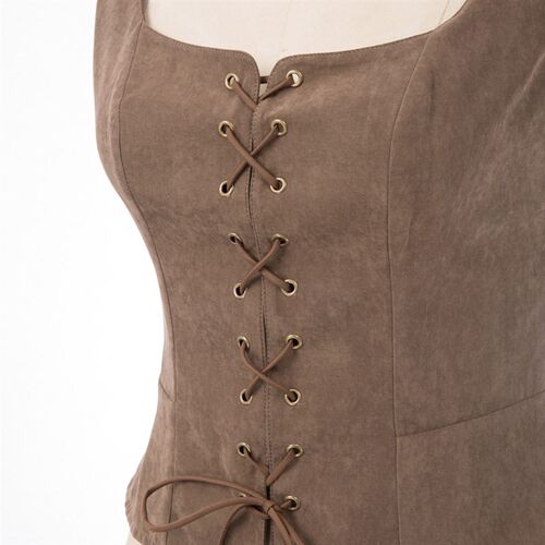 SD Women Vintage Faux Suede Square Neck U-Back Lace-up Front