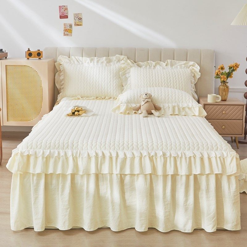 四季通用水洗棉床裙款三件少女心纯色夹棉单件花边防滑遮丑床罩,床上用品,床裙,淘宝优惠券,粉丝福利购,淘宝优惠卷