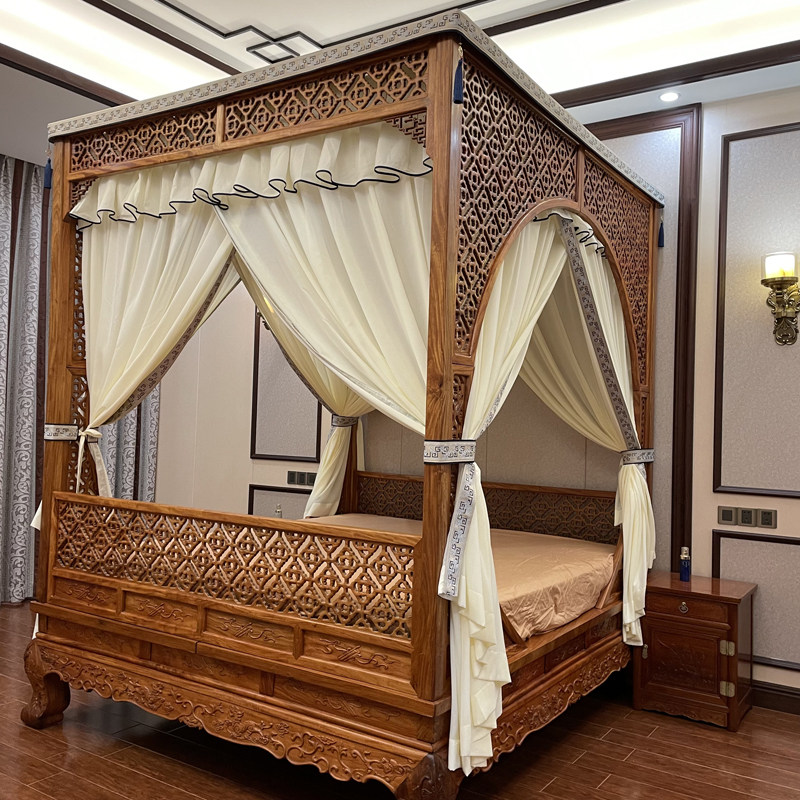 中式明清古典月洞拔步架子床柔顺棉麻亲肤纱刺绣祥云装饰防蚊床幔,床上用品,床幔,淘宝优惠券,粉丝福利购,淘宝优惠卷