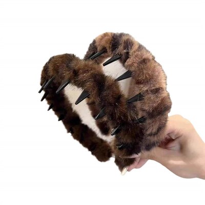 Leopard print fluffy hairband for women, with teeth design f