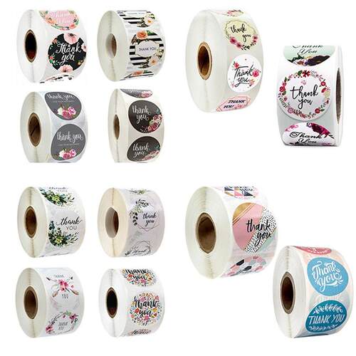 1 Roll(500Pcs) Flowers Thank You Sticker Paper Labels Round