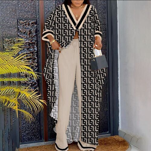 Women Fashion Printing Two Piece Set Spring Single-button Lo