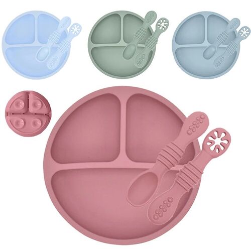 3Pcs  Baby Safe Silicone Suction Dining Plate Learning Spoon