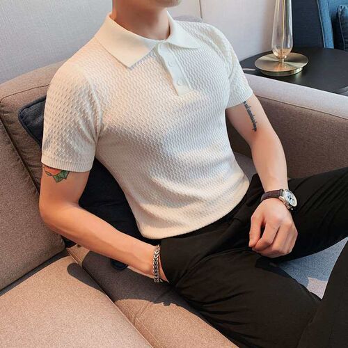 Knitted Polo Shirt Mens Summer Thin Solid Color Wavy Patter