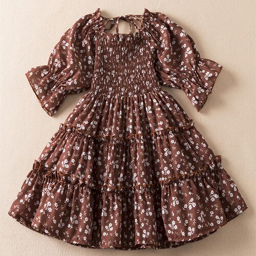 Summer Girls Short Sleeve Dress Children Casual Flower Print