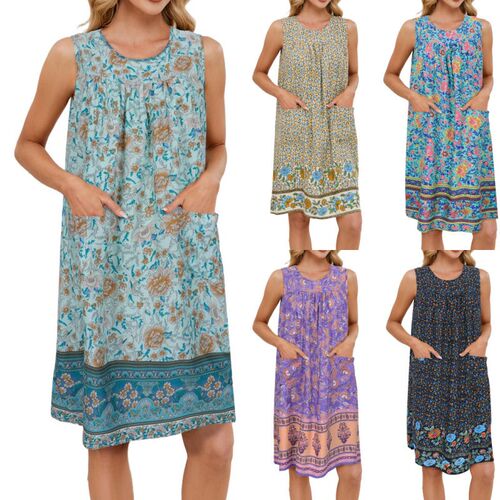 2025 Womens Casual Printed Vest Floral Pocket Dress