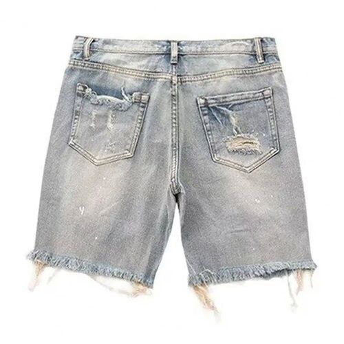 Men Summer Disssed Denim Shorts Button Zipper Fly Multi